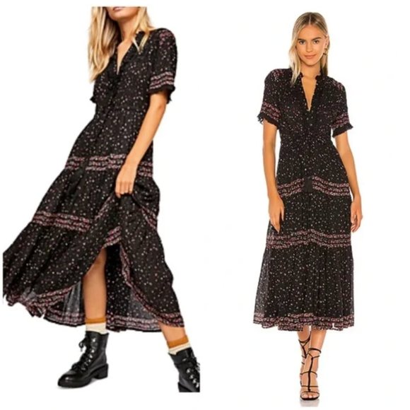 Free People Black with Red and Pink Delicate Floral Patterned Maxi Dress - Picture 1 of 15